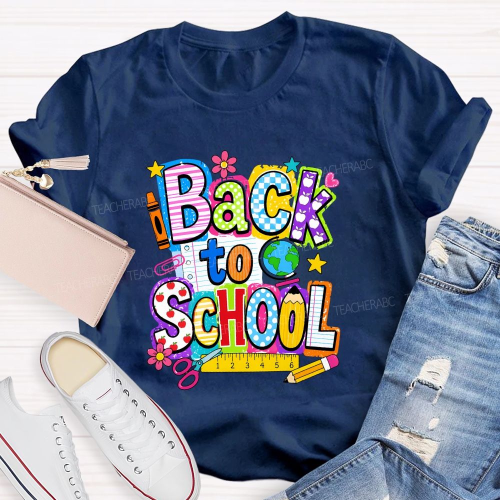 Back To School Mixed Pattern Letter Crayon Globe Teacher T-shirt