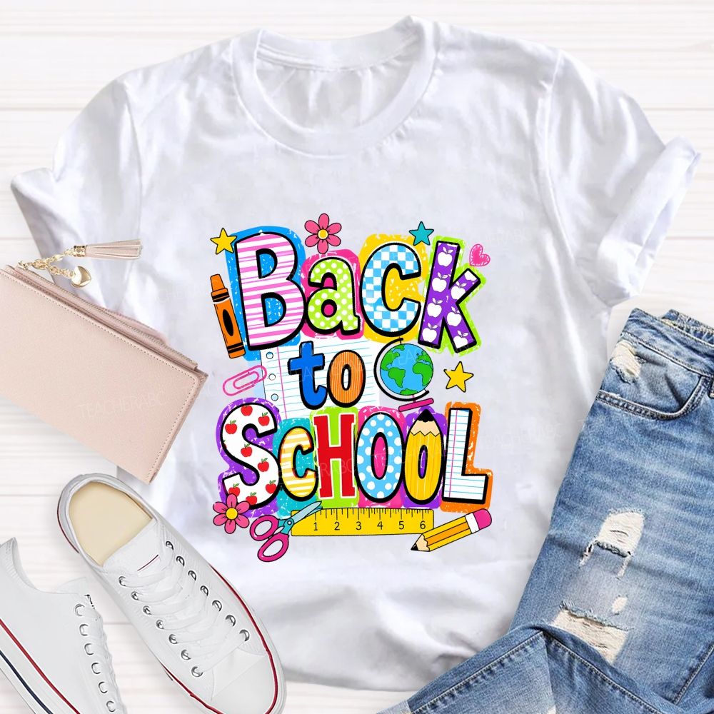Back To School Mixed Pattern Letter Crayon Globe Teacher T-shirt