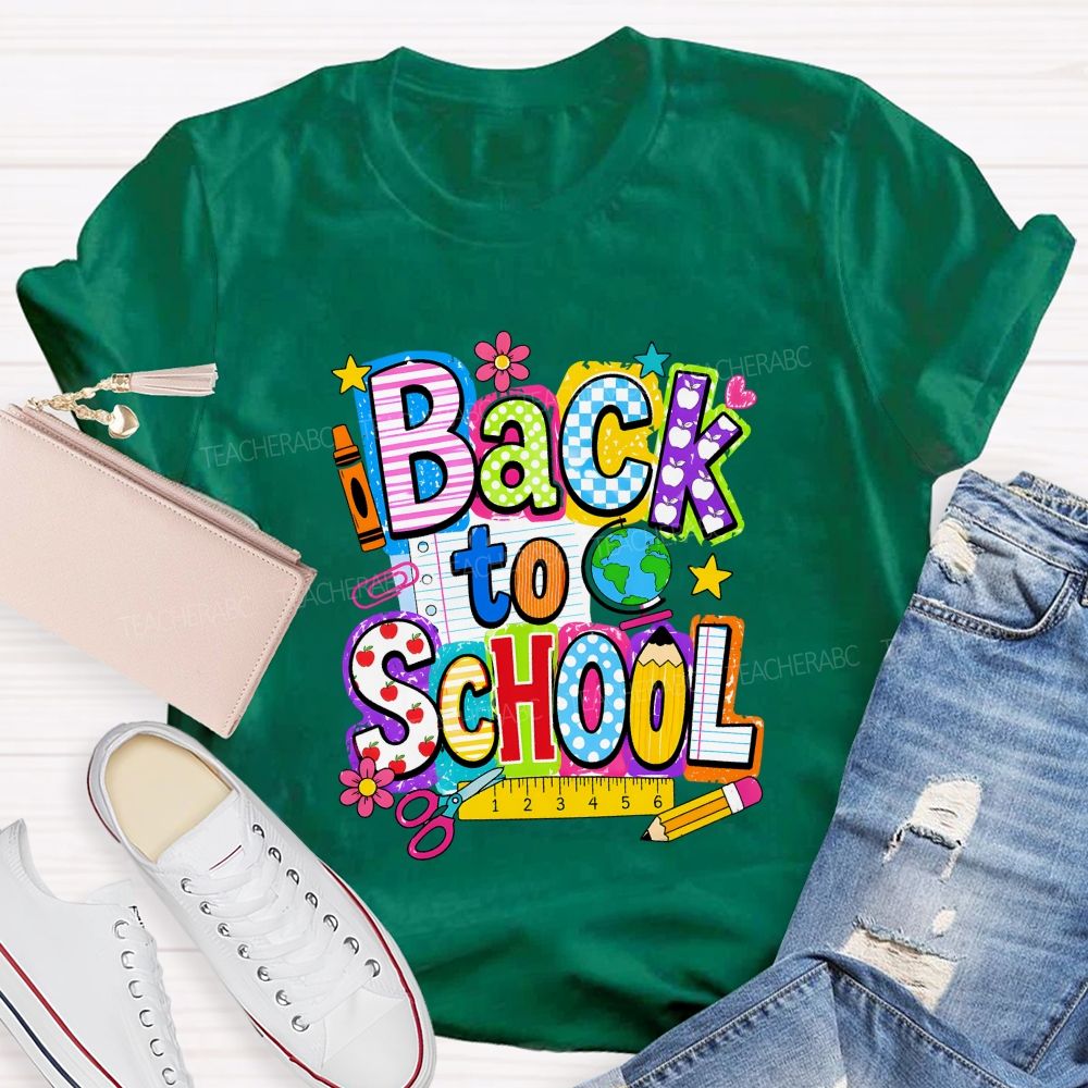 Back To School Mixed Pattern Letter Crayon Globe Teacher T-shirt