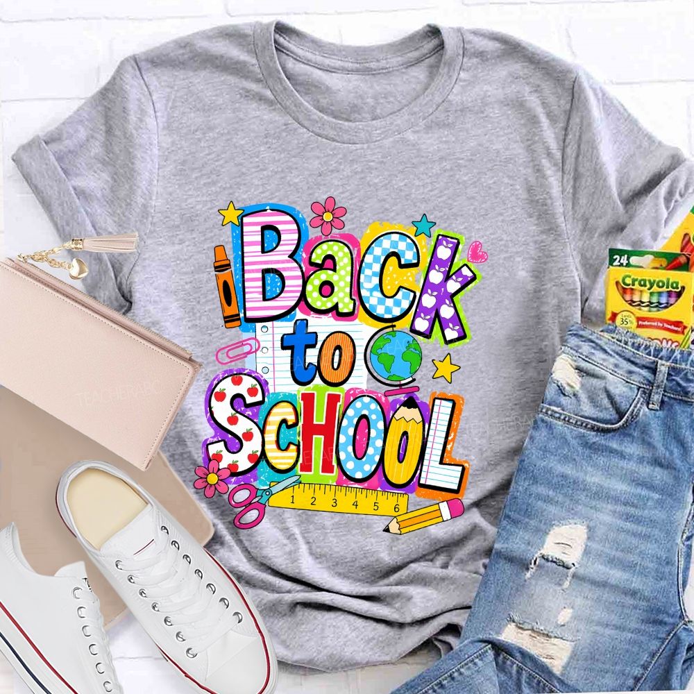 Back To School Mixed Pattern Letter Crayon Globe Teacher T-shirt