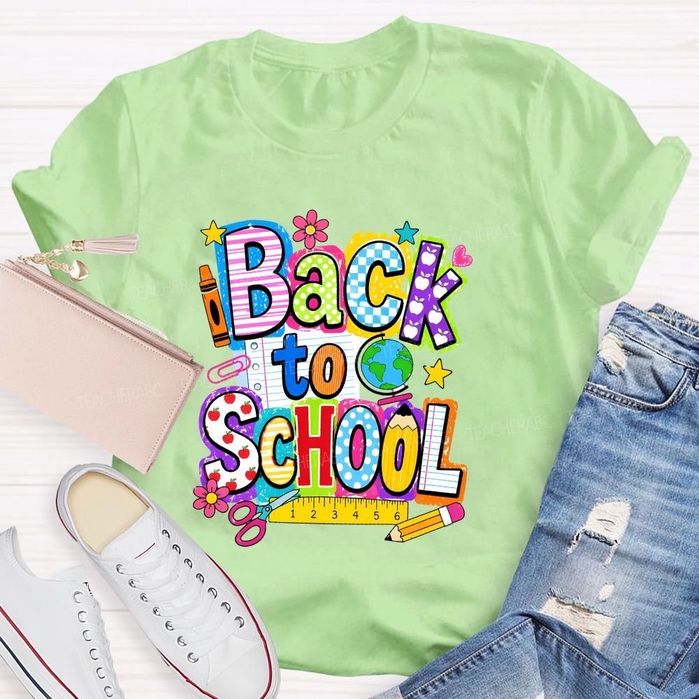 Back To School Mixed Pattern Letter Crayon Globe Teacher T-shirt