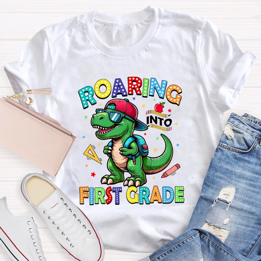 Personalized Grade Roaring Into First Grade Teacher T-shirt