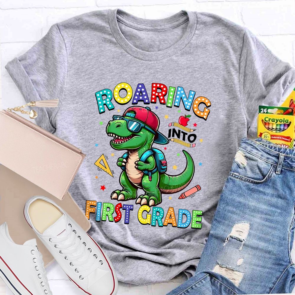 Personalized Grade Roaring Into First Grade Teacher T-shirt