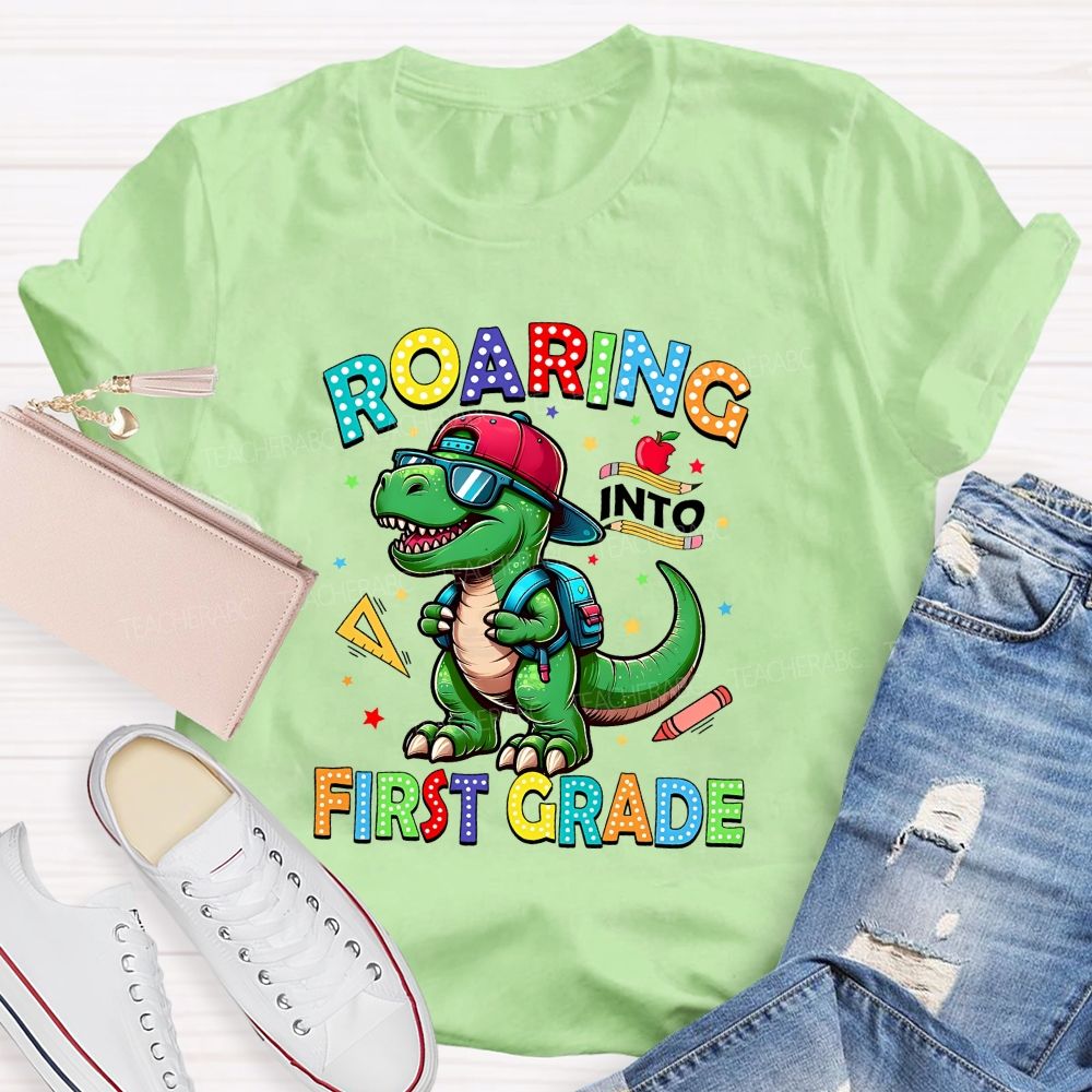 Personalized Grade Roaring Into First Grade Teacher T-shirt