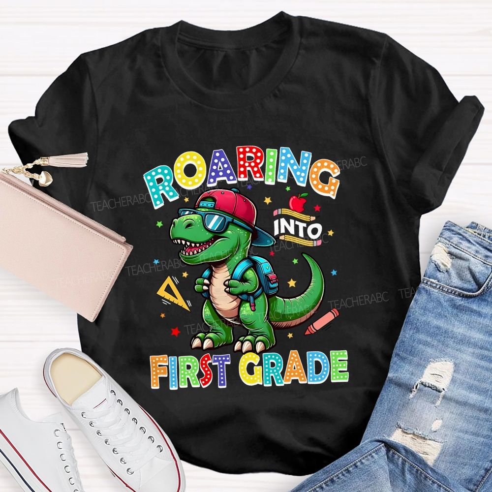 Personalized Grade Roaring Into First Grade Teacher T-shirt