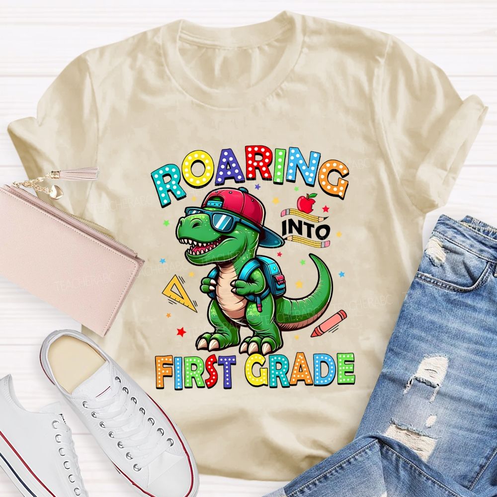 Personalized Grade Roaring Into First Grade Teacher T-shirt
