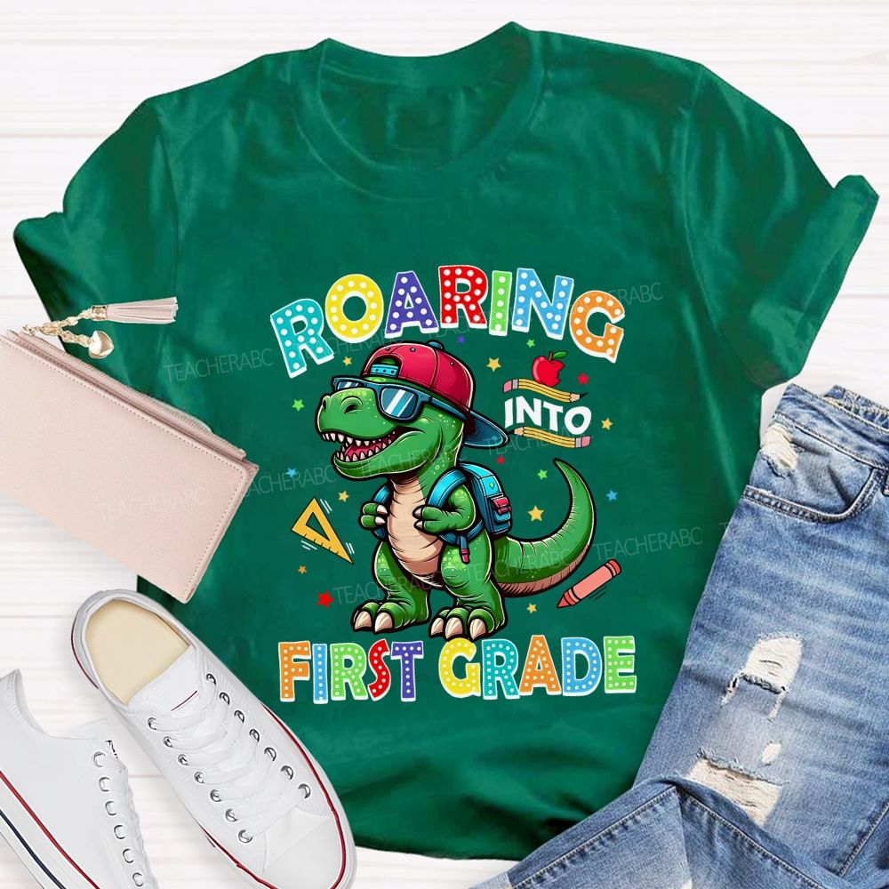 Personalized Grade Roaring Into First Grade Teacher T-shirt