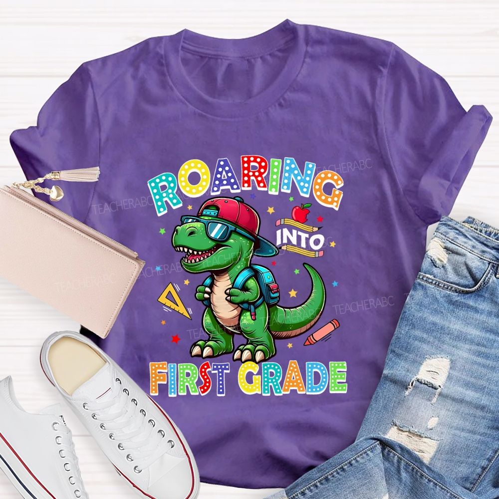 Personalized Grade Roaring Into First Grade Teacher T-shirt