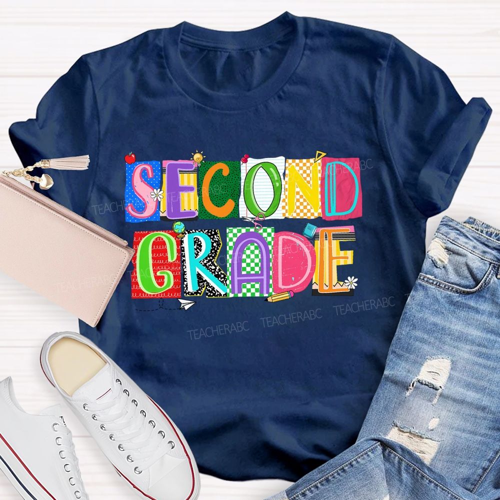 Personalized Grade Second Grade Scrapbook Collage Teacher T-shirt