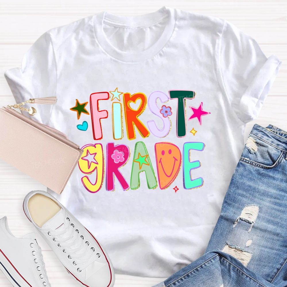 Personalized Grade First Grade Groovy Heart Flower Star Teacher T-shirt