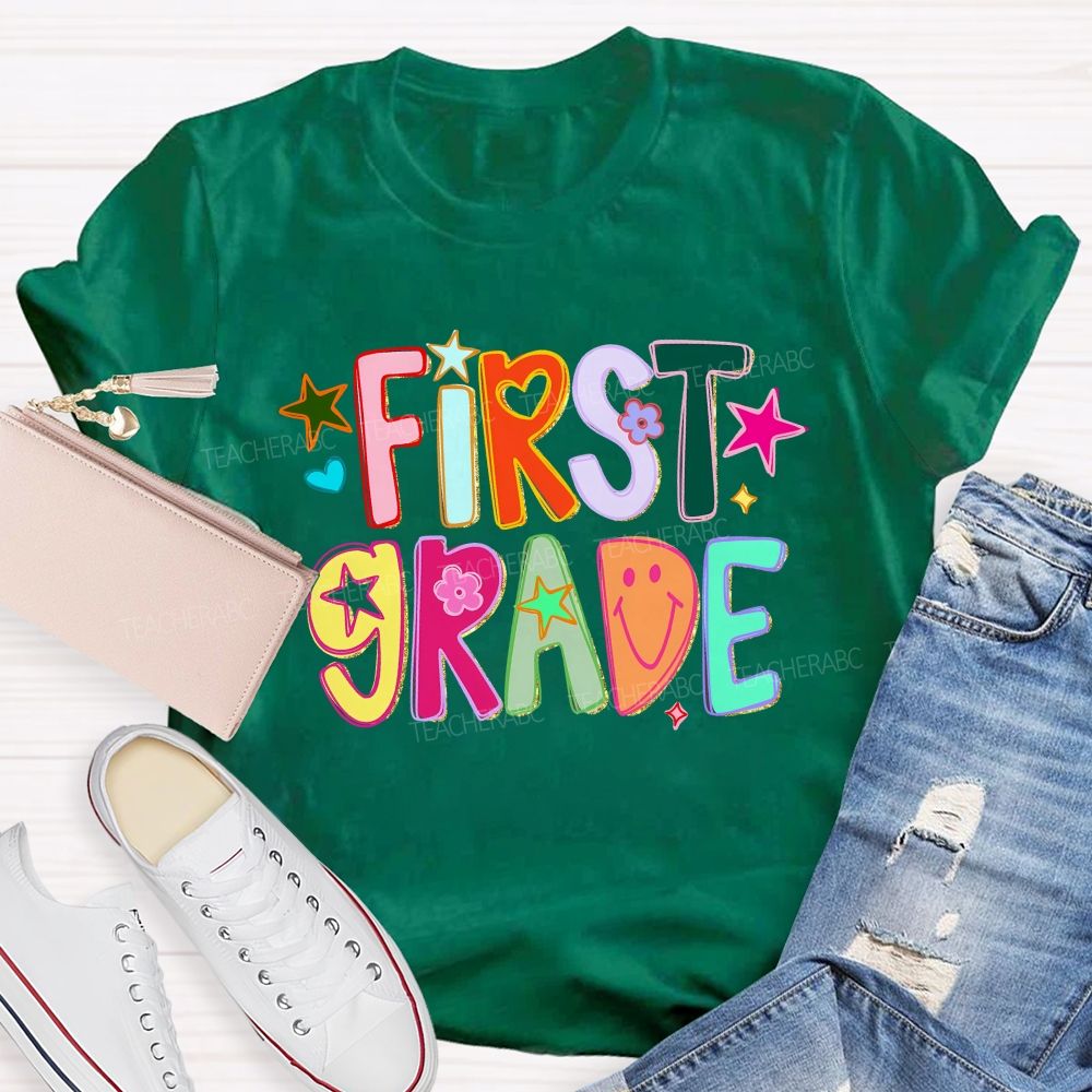 Personalized Grade First Grade Groovy Heart Flower Star Teacher T-shirt