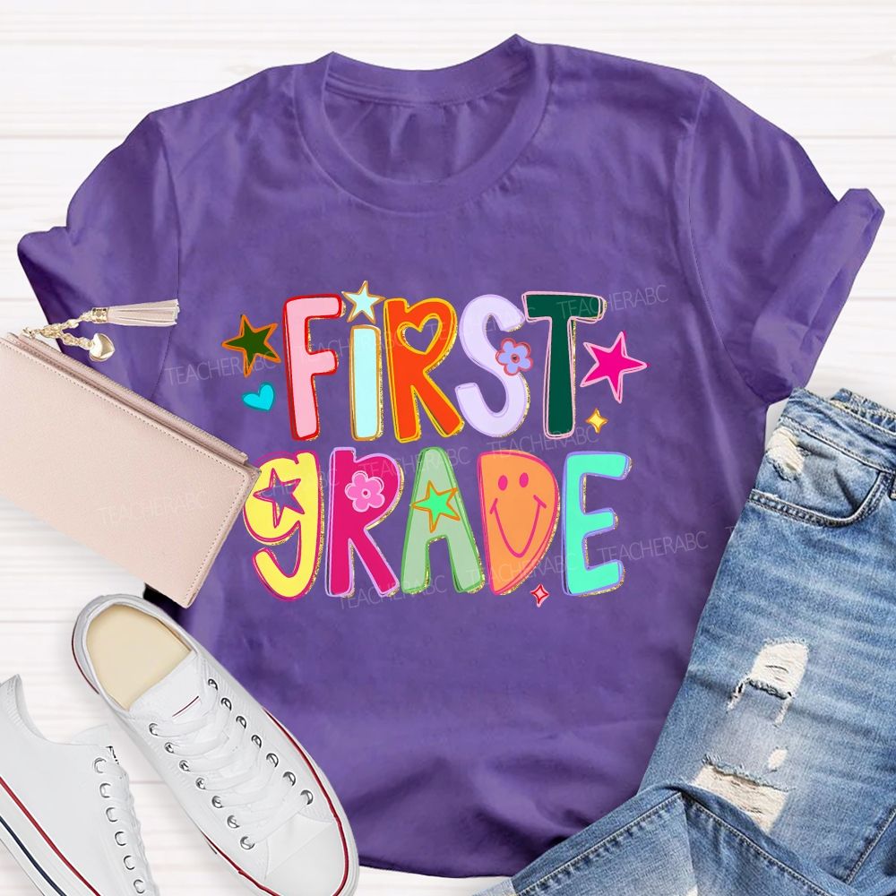Personalized Grade First Grade Groovy Heart Flower Star Teacher T-shirt