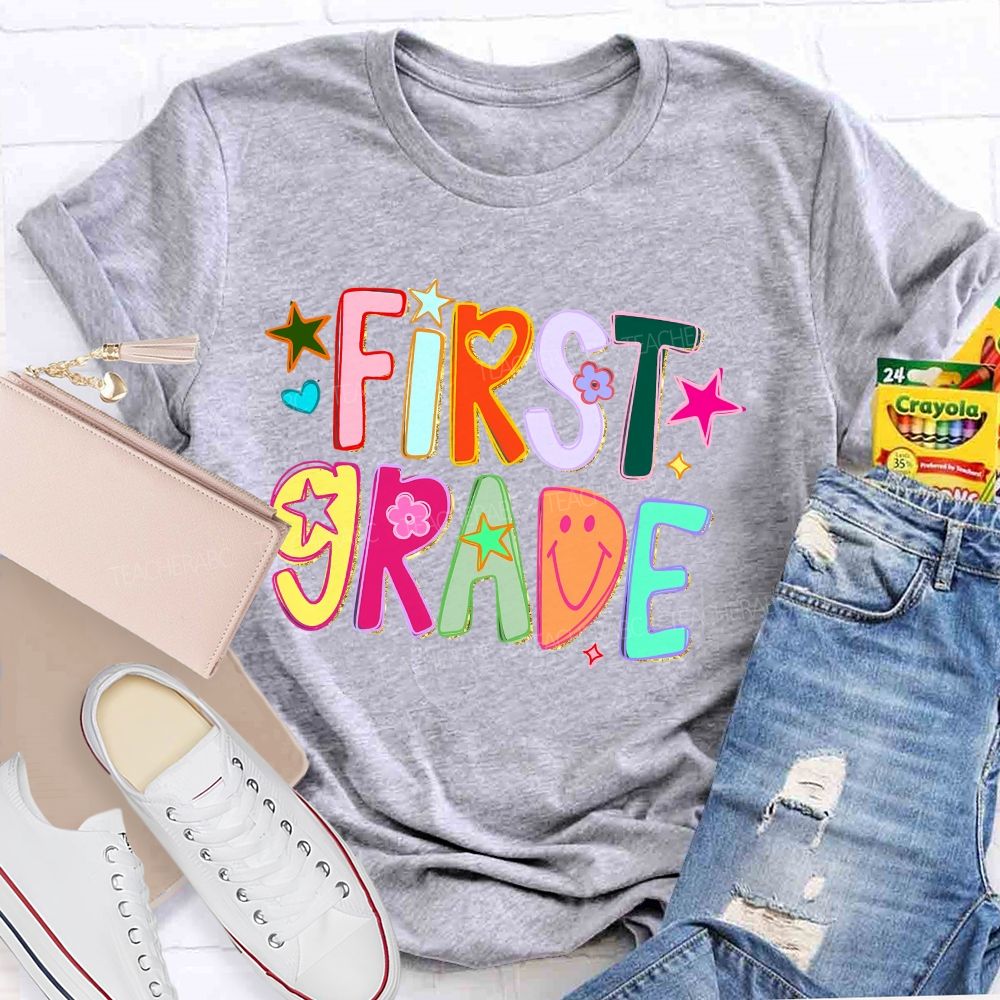 Personalized Grade First Grade Groovy Heart Flower Star Teacher T-shirt
