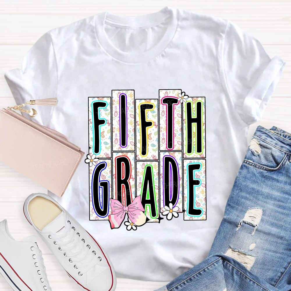 Personalized Grade Fifth Grade Floral Striped Letter Daisy Bow Pencil Teacher T-shirt