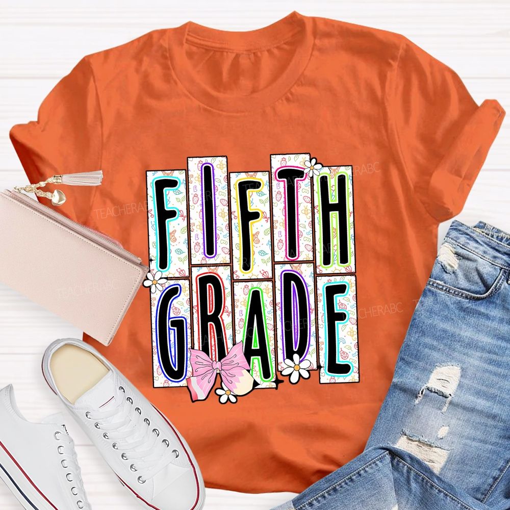 Personalized Grade Fifth Grade Floral Striped Letter Daisy Bow Pencil Teacher T-shirt
