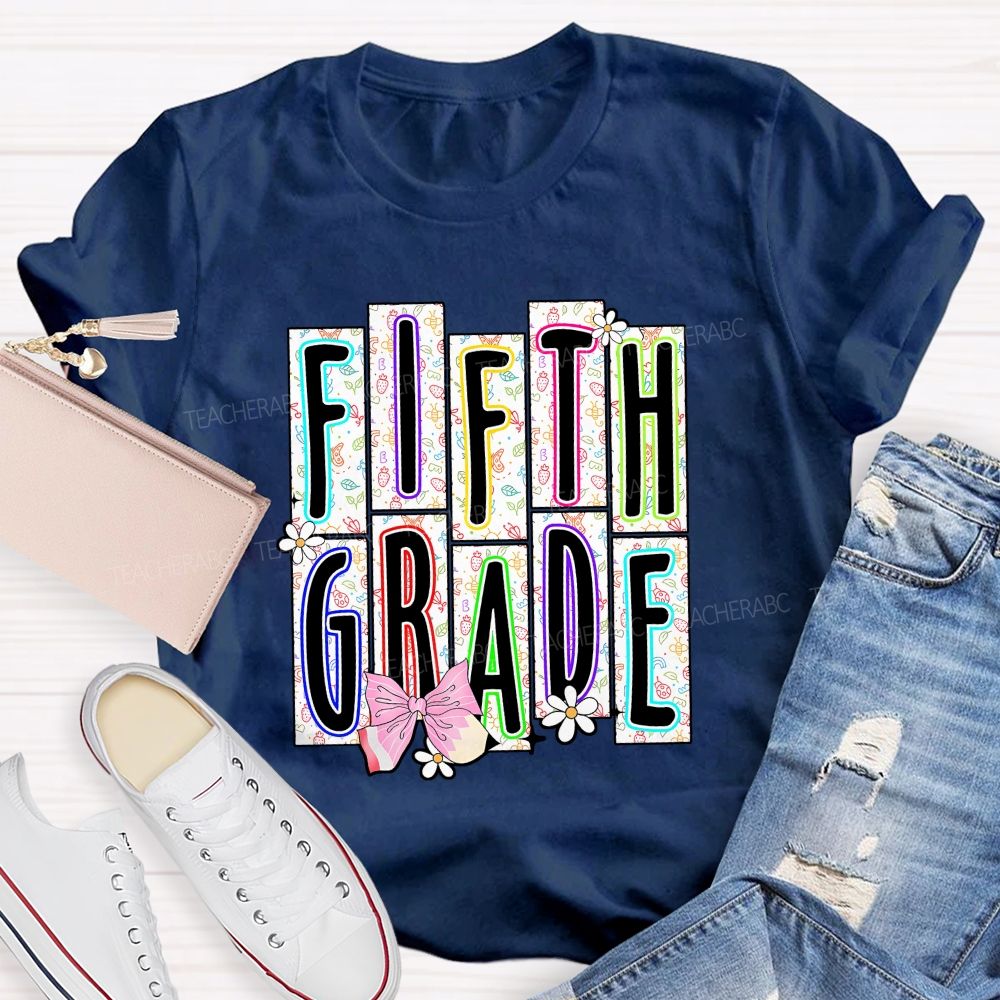 Personalized Grade Fifth Grade Floral Striped Letter Daisy Bow Pencil Teacher T-shirt