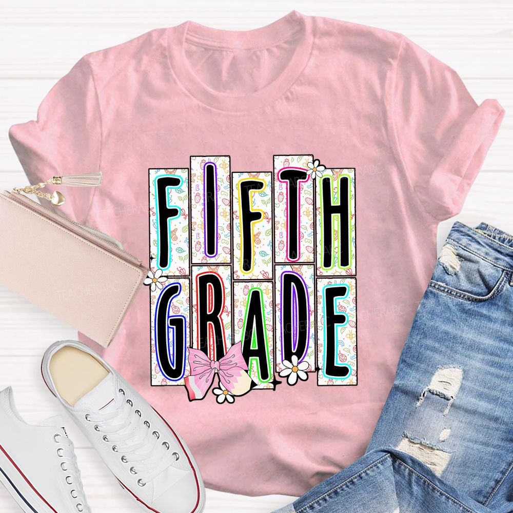 Personalized Grade Fifth Grade Floral Striped Letter Daisy Bow Pencil Teacher T-shirt