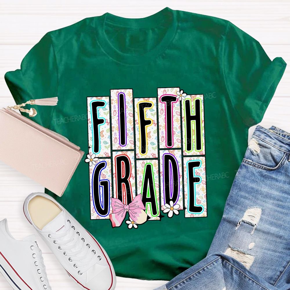Personalized Grade Fifth Grade Floral Striped Letter Daisy Bow Pencil Teacher T-shirt