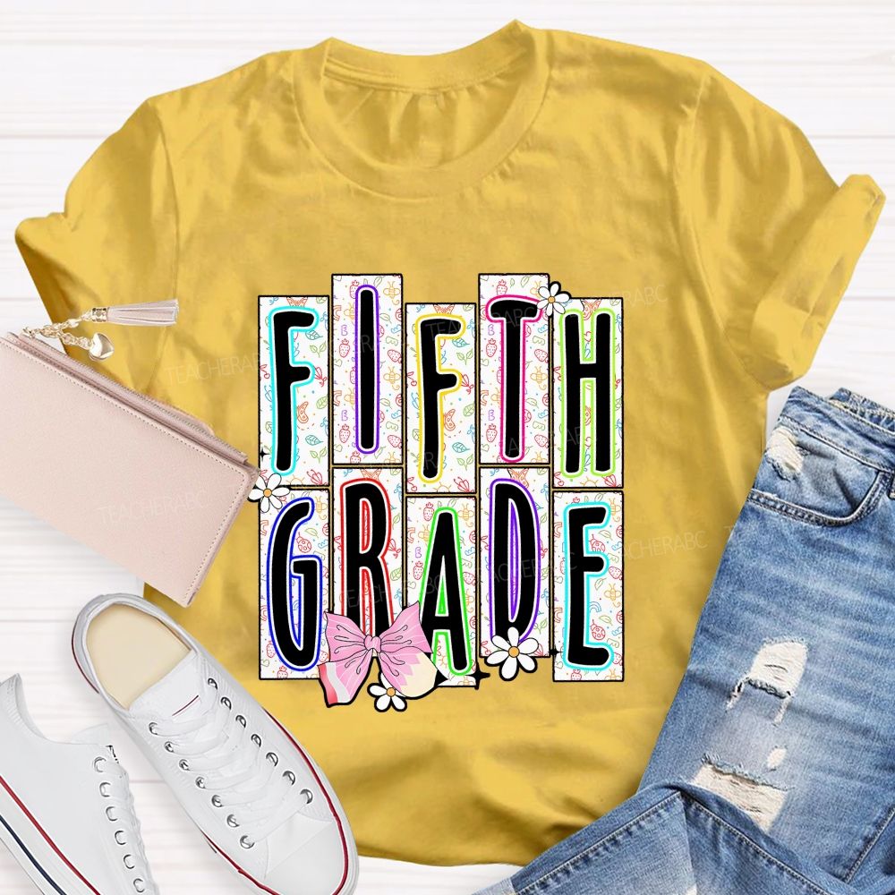 Personalized Grade Fifth Grade Floral Striped Letter Daisy Bow Pencil Teacher T-shirt