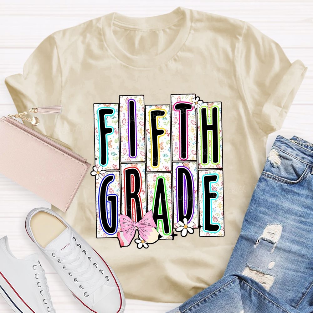 Personalized Grade Fifth Grade Floral Striped Letter Daisy Bow Pencil Teacher T-shirt