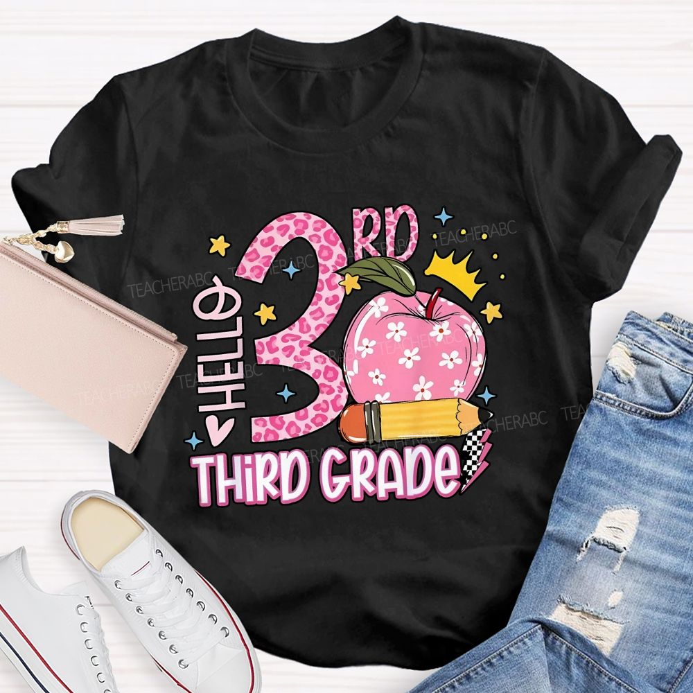 Personalized Grade Hello 3rd Third Grade Leopard Daisy Apple Crown Teacher T-shirt