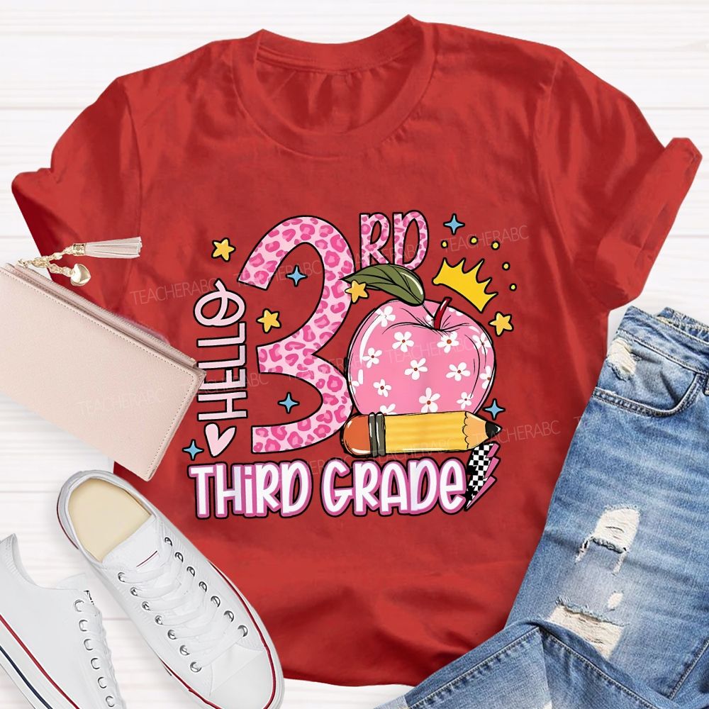 Personalized Grade Hello 3rd Third Grade Leopard Daisy Apple Crown Teacher T-shirt