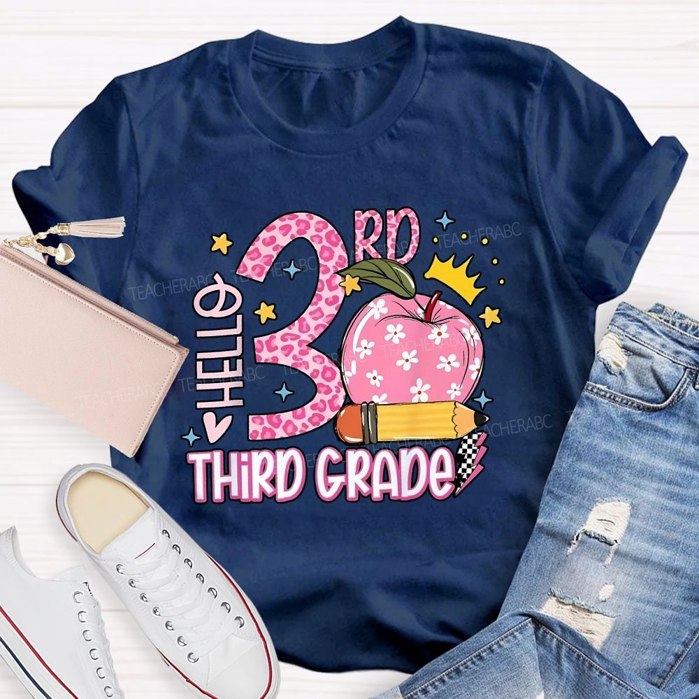 Personalized Grade Hello 3rd Third Grade Leopard Daisy Apple Crown Teacher T-shirt