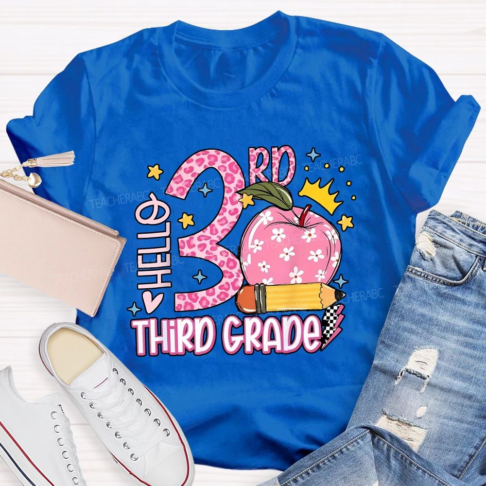 Personalized Grade Hello 3rd Third Grade Leopard Daisy Apple Crown Teacher T-shirt