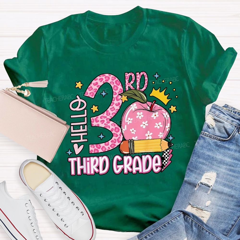 Personalized Grade Hello 3rd Third Grade Leopard Daisy Apple Crown Teacher T-shirt