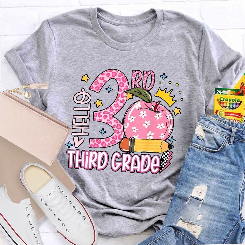 Personalized Grade Hello 3rd Third Grade Leopard Daisy Apple Crown Teacher T-shirt