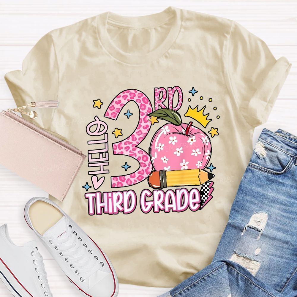 Personalized Grade Hello 3rd Third Grade Leopard Daisy Apple Crown Teacher T-shirt