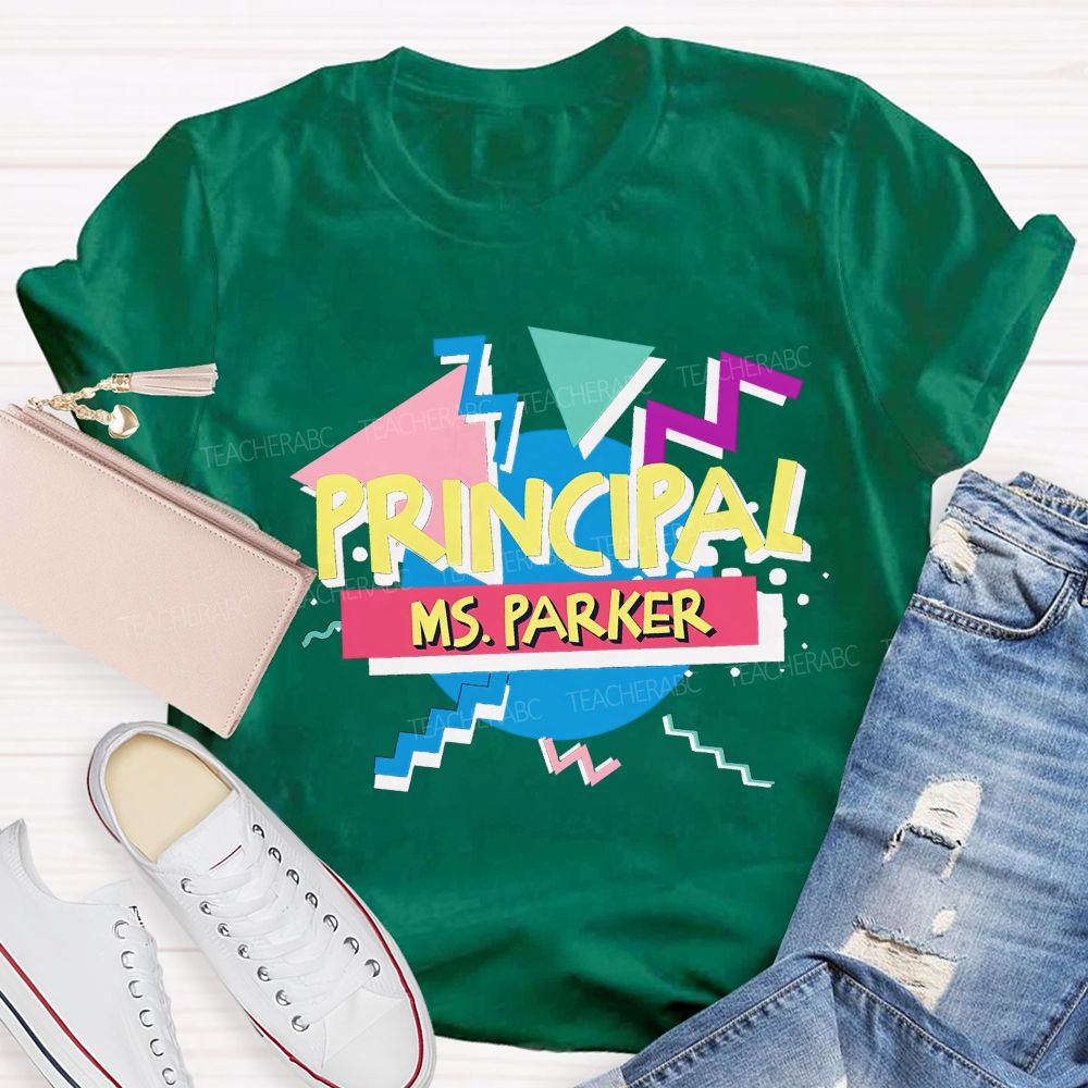Personalized Name Principal Memphis Geometric Triangle T-shirt