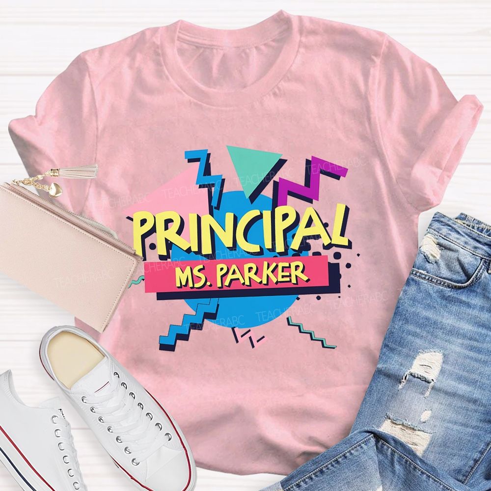 Personalized Name Principal Memphis Geometric Triangle T-shirt