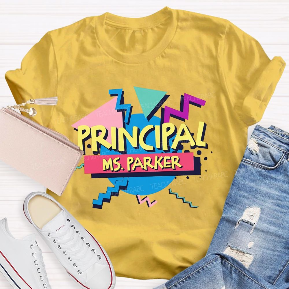 Personalized Name Principal Memphis Geometric Triangle T-shirt