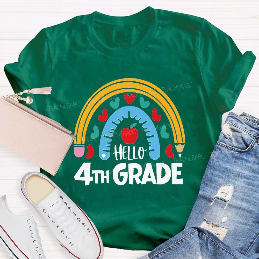 Personalized Grade Rainbow Pencil Apple Hello 4th Grade Teacher T-Shirt