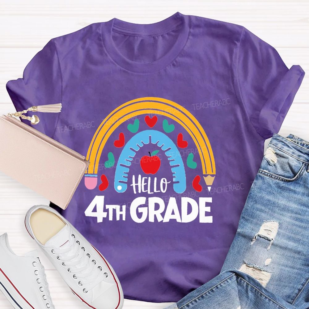 Personalized Grade Rainbow Pencil Apple Hello 4th Grade Teacher T-Shirt