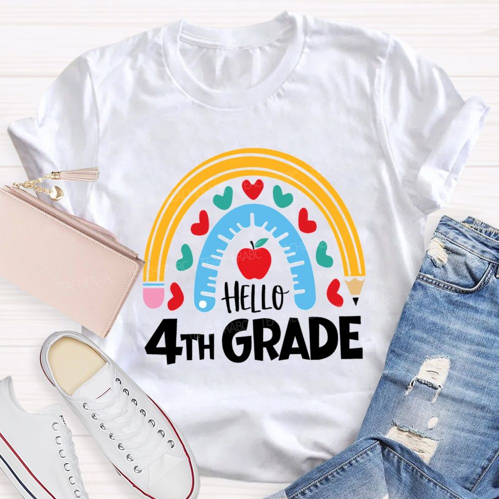 Personalized Grade Rainbow Pencil Apple Hello 4th Grade Teacher T-Shirt