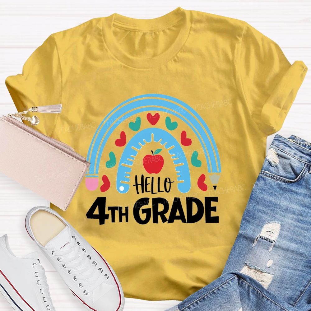 Personalized Grade Rainbow Pencil Apple Hello 4th Grade Teacher T-Shirt