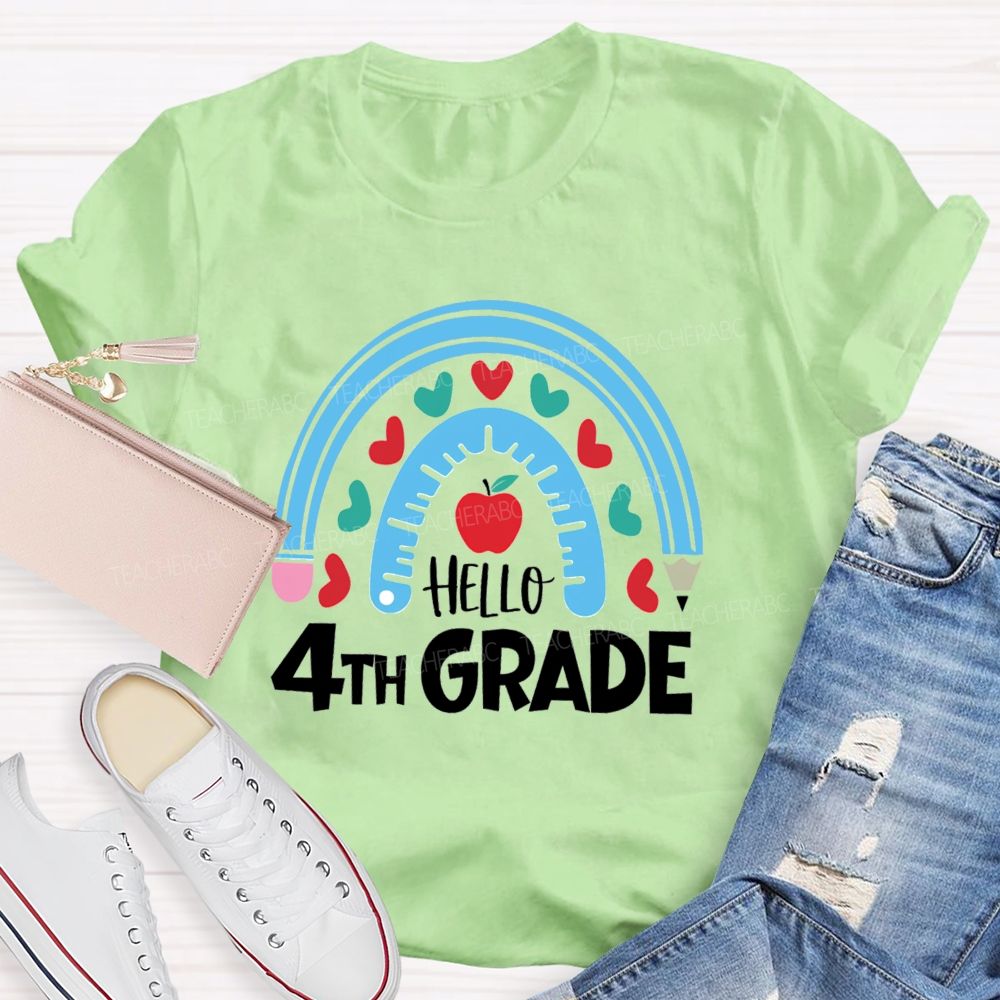 Personalized Grade Rainbow Pencil Apple Hello 4th Grade Teacher T-Shirt
