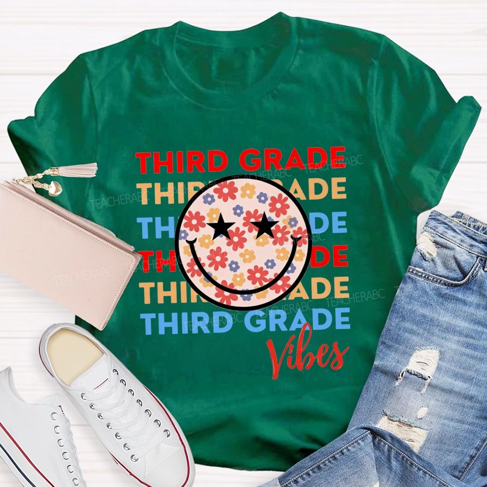 Personalized Grade Third Grade Vibes Floral Smiley Face Teacher T-shirt