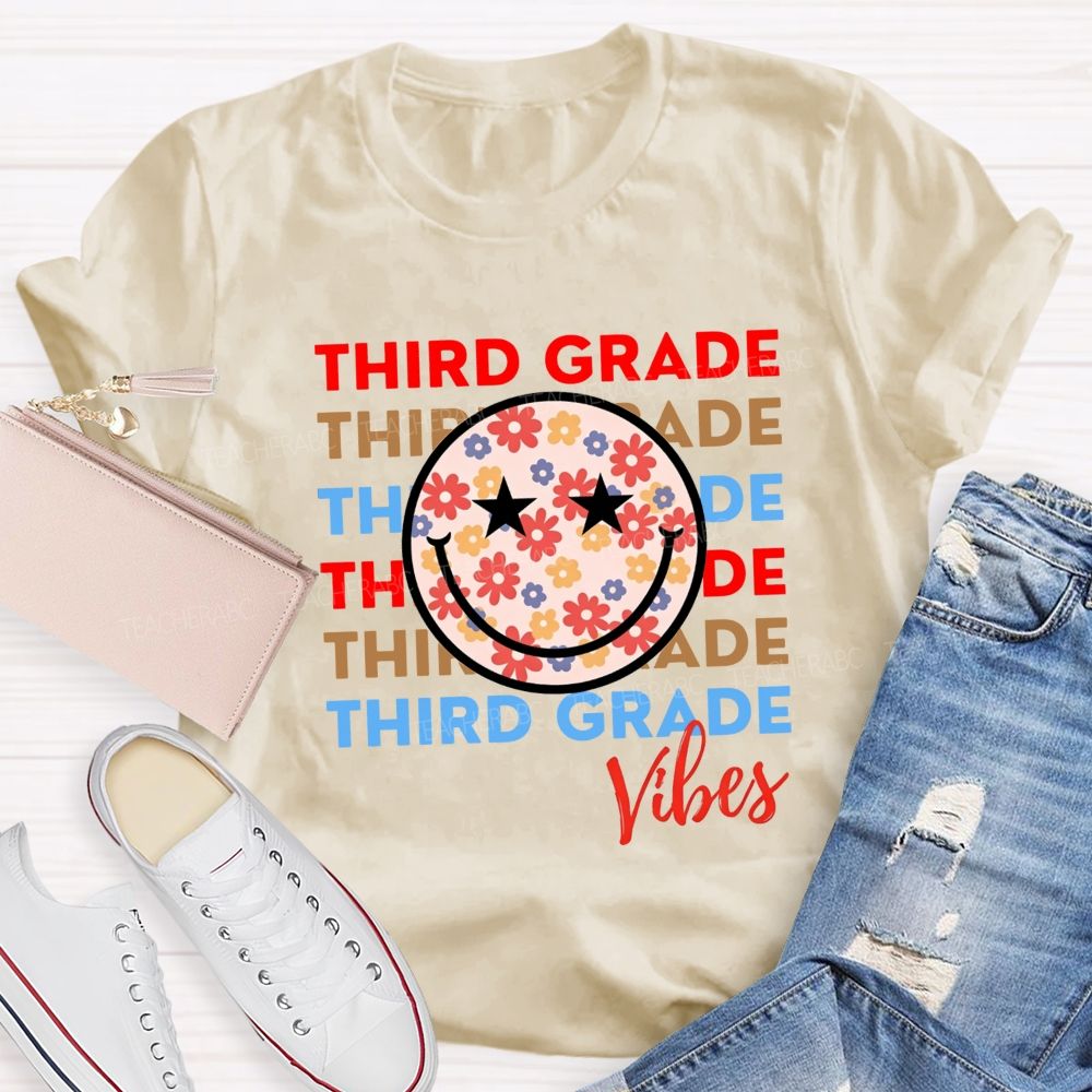 Personalized Grade Third Grade Vibes Floral Smiley Face Teacher T-shirt