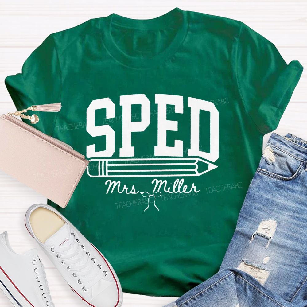 Personalized Name Sped Minimalist Pencil And Bow Print Teacher T-Shirt