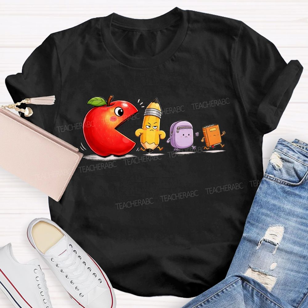 Funny Scene Of An Apple Chasing A Pencil And A Schoolbag.Back To School Teacher T-shirt