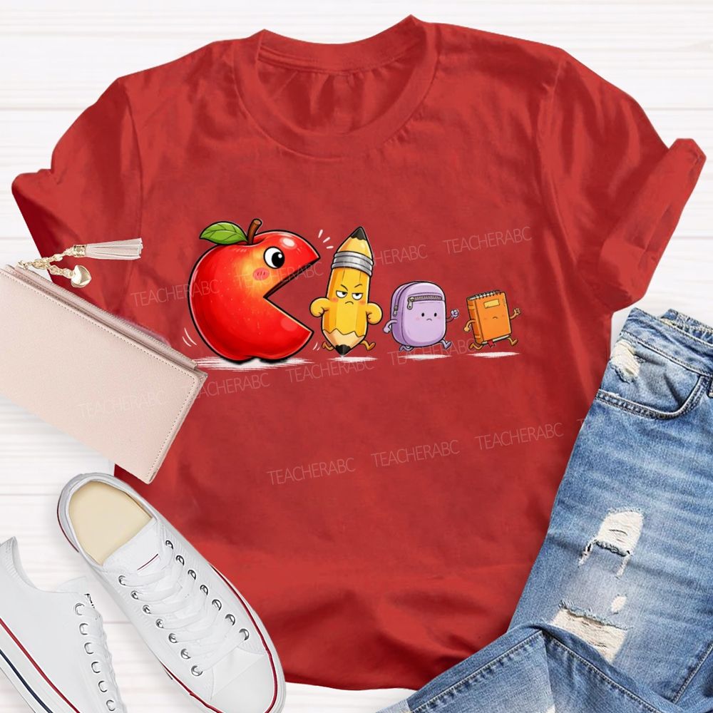 Funny Scene Of An Apple Chasing A Pencil And A Schoolbag.Back To School Teacher T-shirt