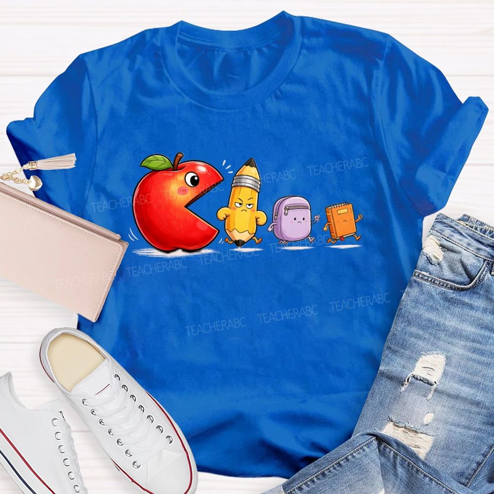 Funny Scene Of An Apple Chasing A Pencil And A Schoolbag.Back To School Teacher T-shirt