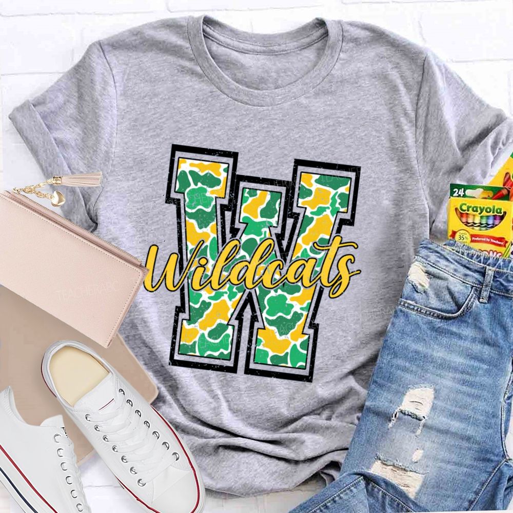 Personalized Mascot Colorful Leopard W Is For Wildcats Teacher T-Shirt