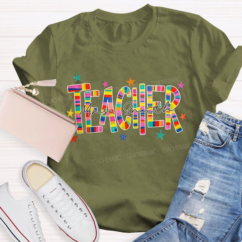 Personalized Name Teacher Rainbow Striped Letter Teacher T-shirt