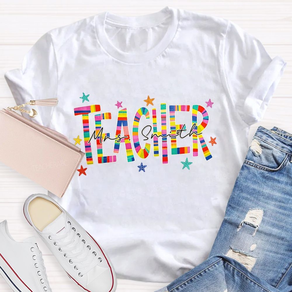 Personalized Name Teacher Rainbow Striped Letter Teacher T-shirt