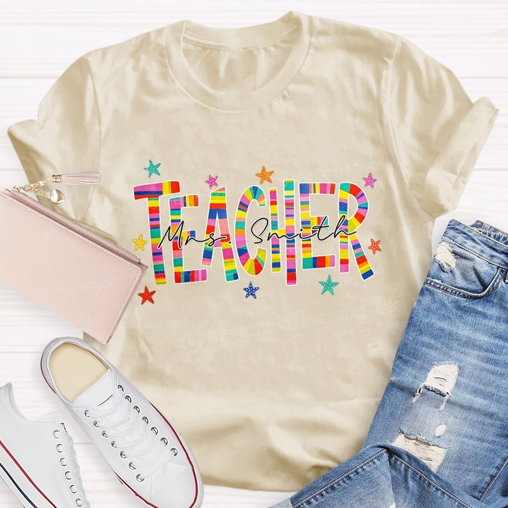 Personalized Name Teacher Rainbow Striped Letter Teacher T-shirt