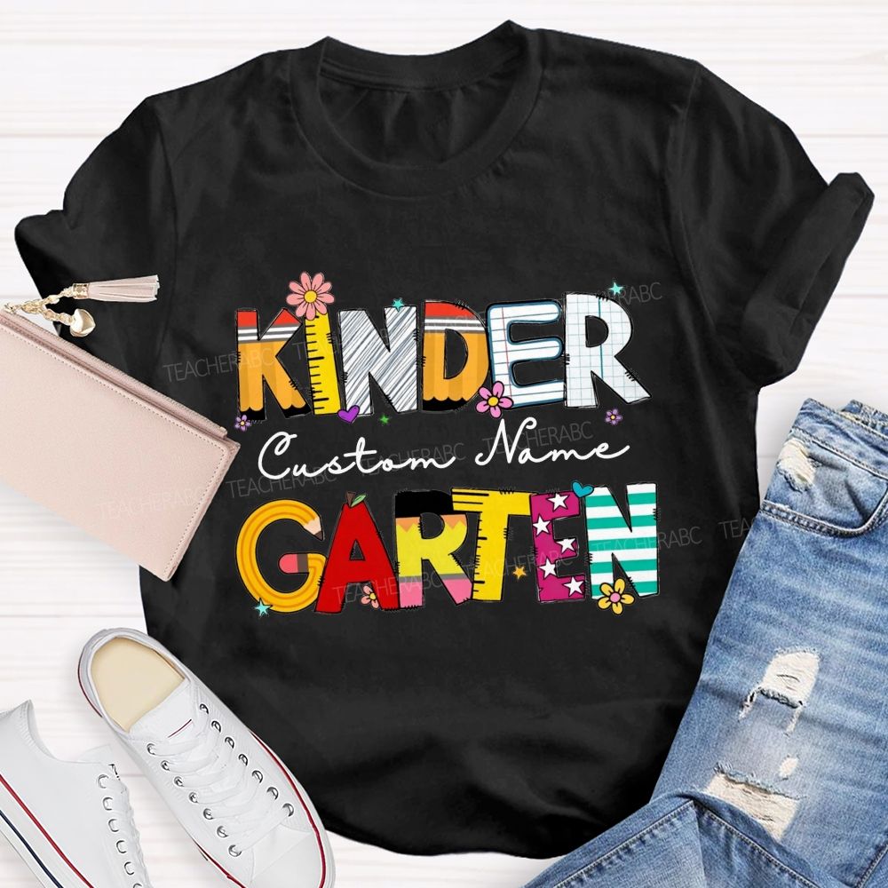 Personalized Name And Grade Kindergarten Colorful School Supply Doodle Kinder T-shirt